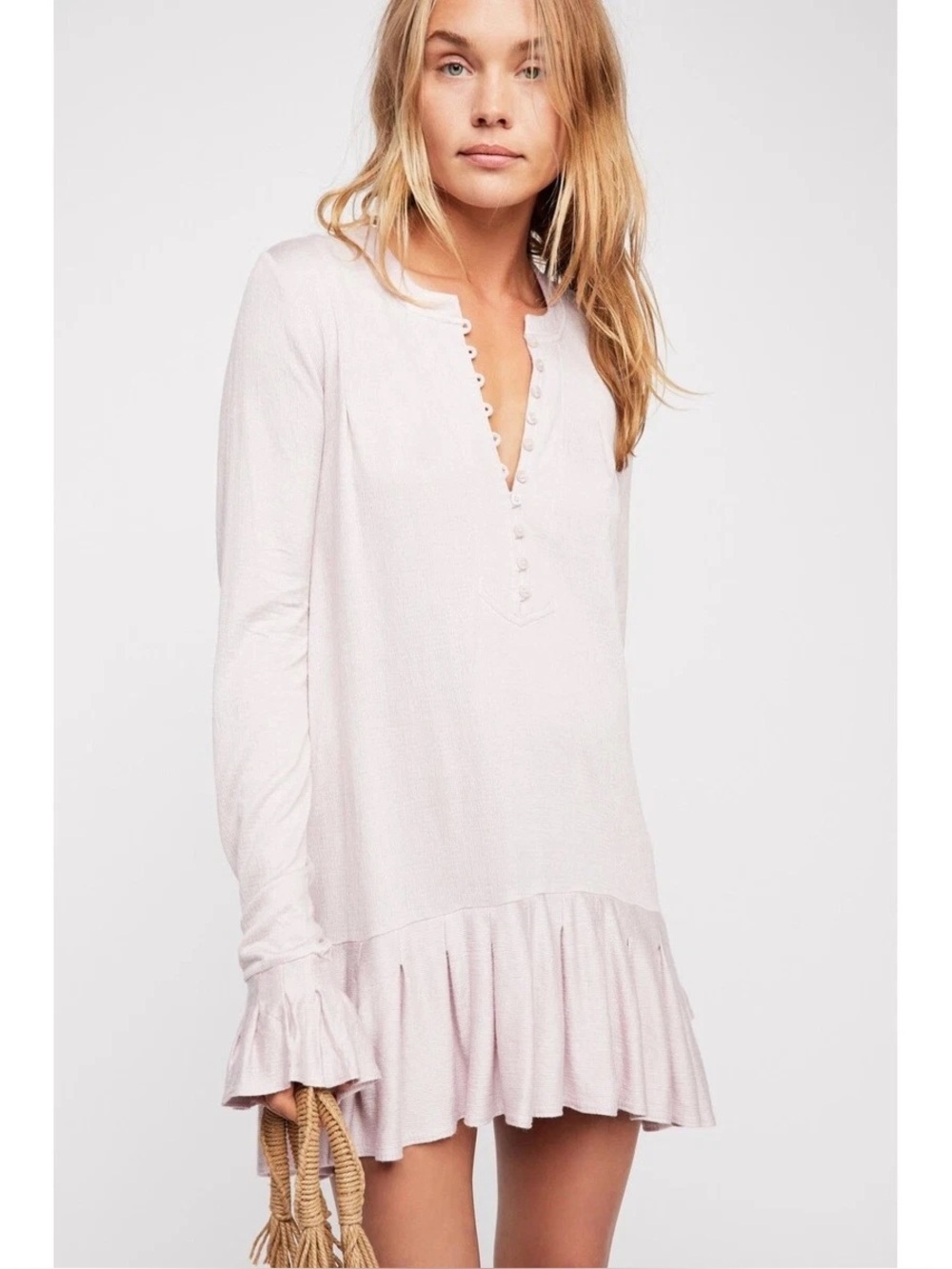Free People Light Pink Long Sleeve Ruffle Hem Tunic